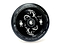 The Lucky Lunar 110mm Stunt Scooter Wheel - Bart Oskroba Signature showcases a detailed close-up featuring intricate snake and clover motifs on the hub. Ideal for scooter builds, the wheel highlights its size with white text reading "One Hundred Ten Millimeters," along with Lucky Rebound Technology and artistic elements.