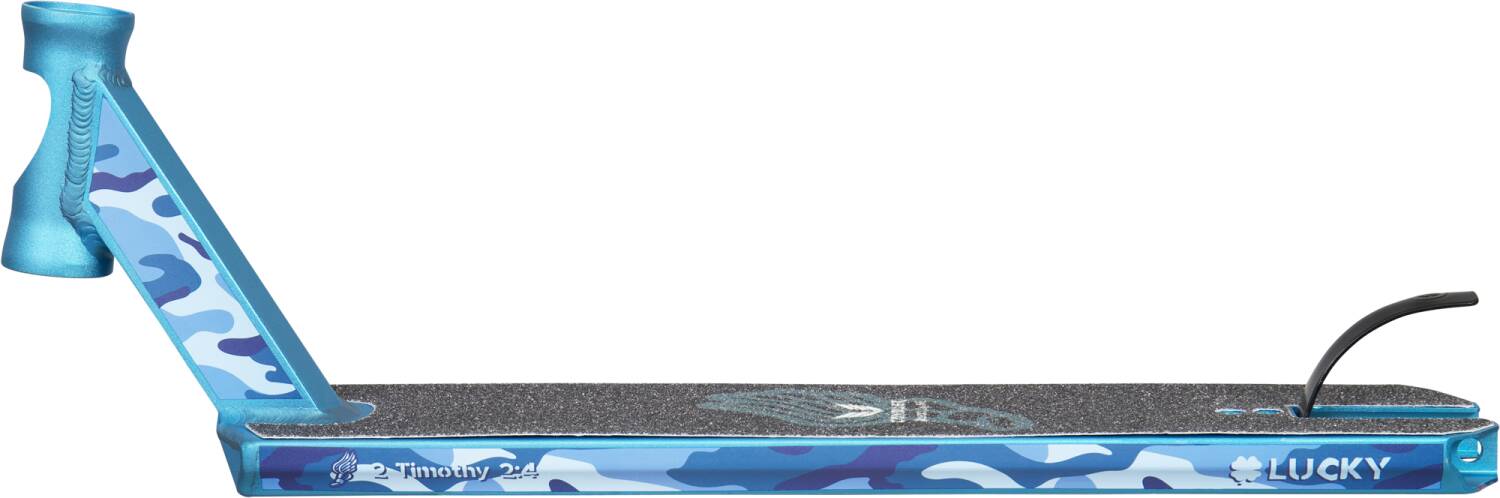 The Lucky Cody Flom Signature V4 Stunt Scooter Deck, measuring 4.8" x 20.5", boasts unique blue camouflage graphics and black grip tape, featuring the "Lucky" text logo prominently on the side. Designed for excellence in scootering, this deck includes a headtube for easy handlebar attachment, making it a standout piece in the scooter community.