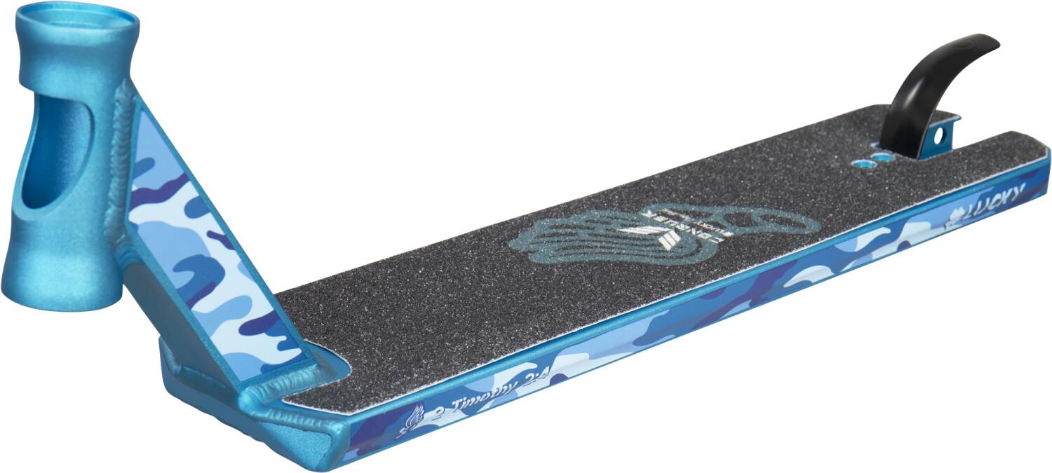 The Lucky Cody Flom Signature V4 Stunt Scooter Deck - 4.8" x 20.5" by Lucky features an eye-catching blue and black camouflage pattern, along with a textured grip for enhanced performance. Its distinctive open-hand design, alongside the visible neck and rear brake, ensures it stands out in the scootering community.