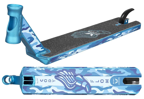 The Lucky Cody Flom Signature V4 Stunt Scooter Deck, measuring 4.8" x 20.5", boasts a striking blue and white camouflage design accented with a unique hand graphic. Perfect for the scootering community, it is equipped with a blue head tube and grip surface featuring coordinated designs that ensure it stands out at any skatepark.