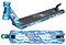 The Lucky Cody Flom Signature V4 Stunt Scooter Deck, measuring 4.8" x 20.5", boasts a striking blue and white camouflage design accented with a unique hand graphic. Perfect for the scootering community, it is equipped with a blue head tube and grip surface featuring coordinated designs that ensure it stands out at any skatepark.
