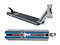 The Lucky Cody Flom Signature V3 Stunt Scooter Deck from Lucky is a metallic deck measuring 4.8" x 20.5", featuring an eye-catching design in red, blue, and silver. It prominently displays a logo alongside a figure holding a scooter, while the black grip tape also bears the logo. Shown from top and side perspectives, it's ideal for dedicated scooter enthusiasts.