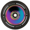 The Lucky Lunar 100mm Stunt Scooter Wheel in Neochrome features a vibrant iridescent hub with a black tire, ideal for scooter builds. It prominently displays the Lucky brand logo and name, highlighting its 100-millimeter size. The metallic central hub includes a visible bearing and utilizes Lucky Rebound Technology for smooth rides.