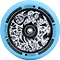 A detailed view of a teal scooter wheel with elaborate black and white abstract patterns at its core. Branded with "LUV Air" and "Lucky," this Lucky Lunar 120mm Stunt Scooter Wheel is designed for both performance and style, featuring Lucky Rebound Technology for a smoother ride.