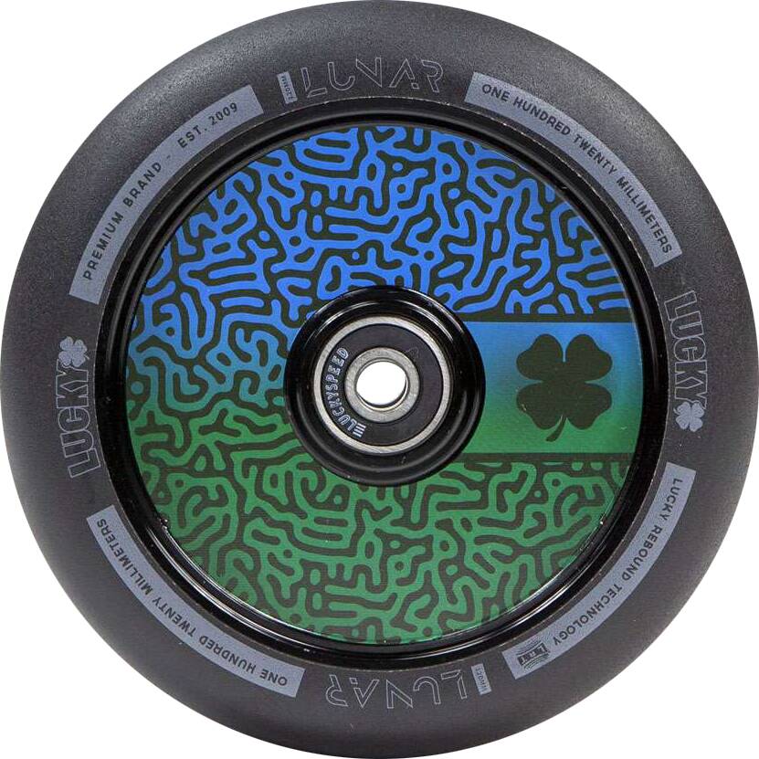 Introducing the Lucky Lunar 120mm Stunt Scooter Wheel - Maze, showcasing a vibrant design with intricate green and blue patterns on a black outer rim. At its center is a clover symbol, emphasizing the Lucky Rebound Technology. The wheel features the text “LUNAR,” “LUCKY,” and detailed specifications along its edge—ideal for creative scooter builds.