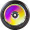 A close-up of the Lucky Lunar 120mm Stunt Scooter Wheel in Neochrome reveals a stunning iridescent center with "LUCKYSPEEDS LUNAR" etched into it, encircled by intricate floral patterns. Its sleek black edge highlights the advanced Lucky Rebound Technology for an exceptionally smooth ride.