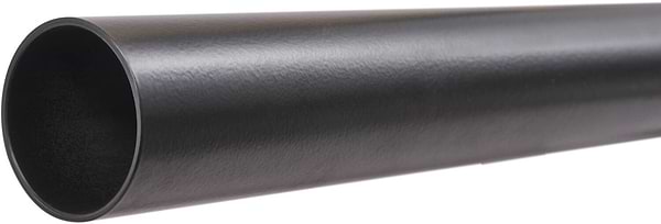 A close-up of the black Lucky Obsidian Kink Titanium Oversized SCS Stunt Scooter Bar, lightweight and featuring a smooth matte finish, is shown at an angle. The rounded edge reveals its hollow interior. It measures 660mm x 660mm and is crafted with precision by Lucky. Set against a white background, it’s perfect for titanium scooter enthusiasts.