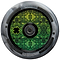 A detailed close-up of the Lucky Lunar 100mm Stunt Scooter Wheel - Recoil highlights its intricate green and black patterns at the core, featuring a decorative four-leaf clover symbol. This 100mm wheel from Lucky integrates Lucky Rebound Technology, ensuring smooth rides with its dark gray outer edge.