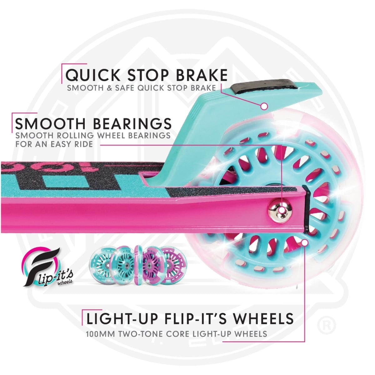 Close-up of the Madd Gear Carve Rize Foldable Light Up Kick Scooter - Dreams in pink, showcasing a quick stop brake, smooth bearings, and turquoise two-tone core light-up wheels. The "Flip-it's Wheels" logo highlights these features against a light background with a faint geometric pattern.