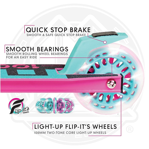 Close-up of the Madd Gear Carve Rize Foldable Light Up Kick Scooter - Dreams in pink, showcasing a quick stop brake, smooth bearings, and turquoise two-tone core light-up wheels. The "Flip-it's Wheels" logo highlights these features against a light background with a faint geometric pattern.