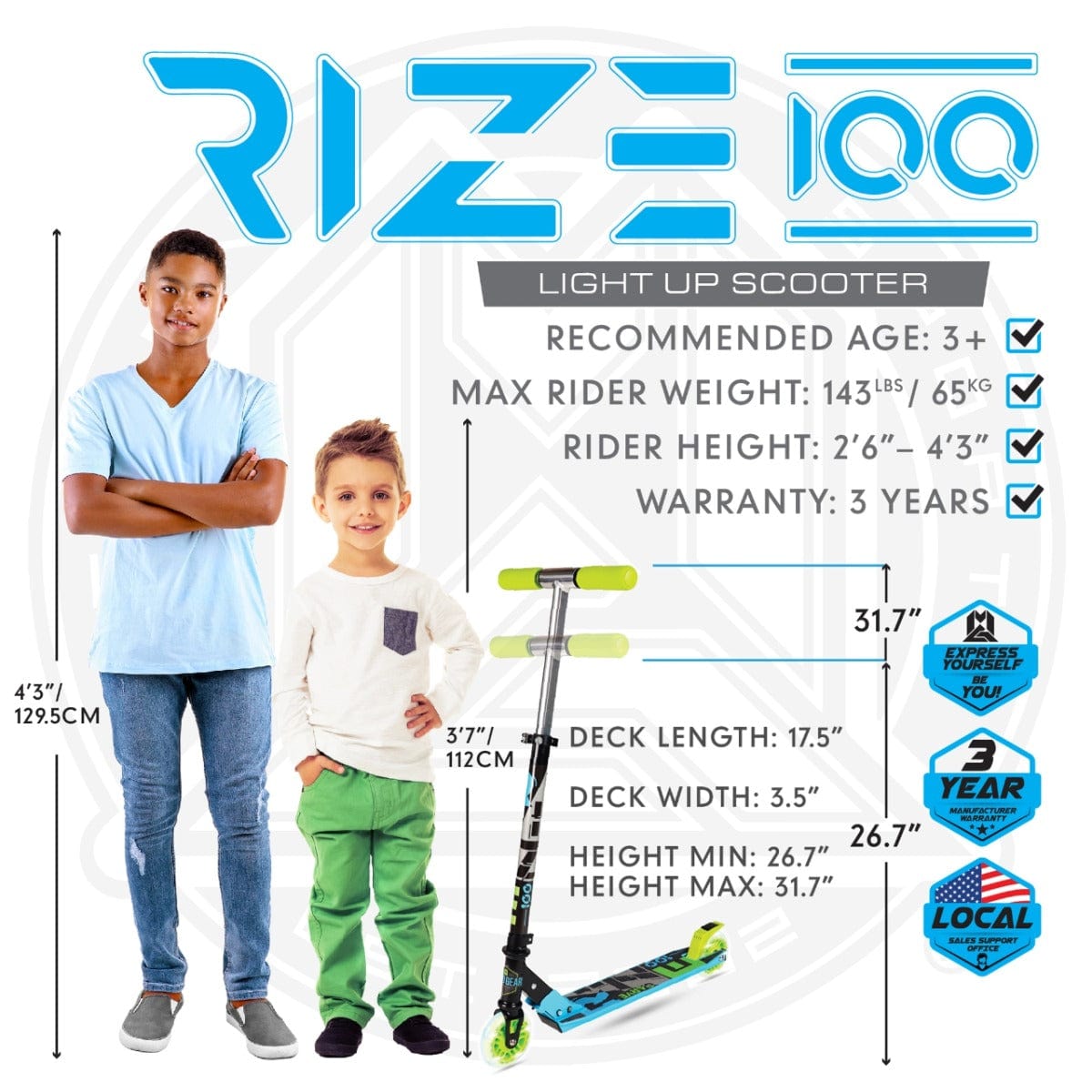 Two boys, one older and tall, the other younger and shorter, stand beside a Madd Gear Carve Rize Foldable Light Up Kick Scooter - Waves. The image also highlights features like rider height recommendations, adjustable handlebars, warranty info, and dimensions of this MGP scooter.