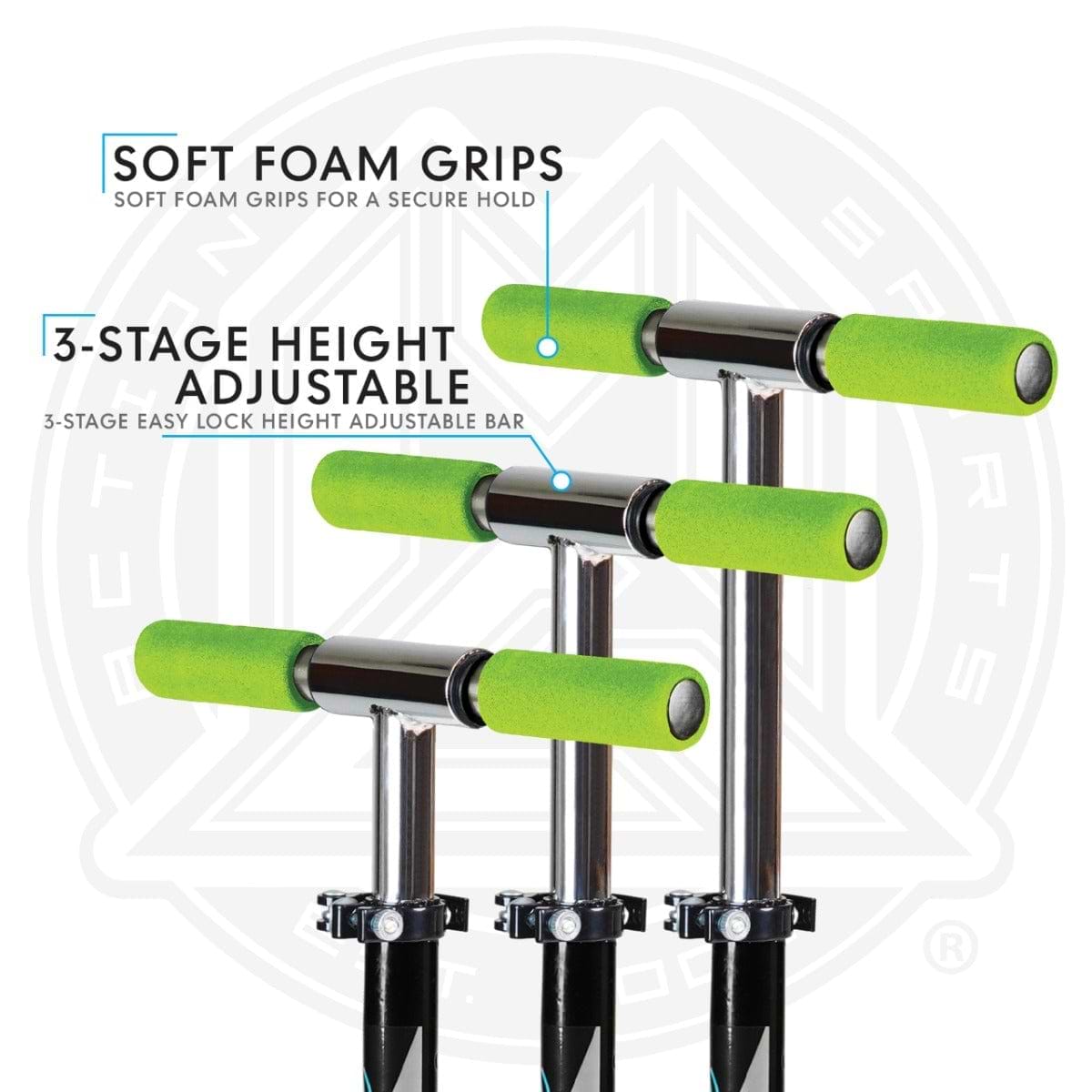 Diagram of the Madd Gear Carve Rize Kick Scooter handle highlighting its features: green soft foam grips for a secure hold, an adjustable handlebar for customization, and a 3-stage height-adjustable bar.