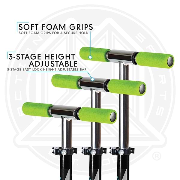 Diagram of the Madd Gear Carve Rize Kick Scooter handle highlighting its features: green soft foam grips for a secure hold, an adjustable handlebar for customization, and a 3-stage height-adjustable bar.