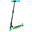 The Madd Gear Carve Rize Foldable Light Up Kick Scooter - Waves features a sleek black frame, a blue and green deck, and glowing wheels. It includes adjustable handlebars in black with bright blue grips.