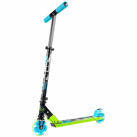 The Madd Gear Carve Rize Foldable Light Up Kick Scooter - Waves by MGP offers adjustable handlebars and turquoise light-up wheels, featuring a blue and green design with a black stem adorned with deck graphics, perfect for recreational fun.