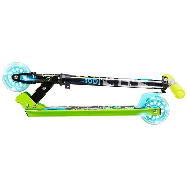A Madd Gear Carve Rize scooter in green and black features striking blue light-up wheels and adjustable yellow handlebars, displayed against a white background.
