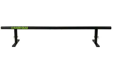 Set against a white background, the Madd Gear MGP Fifty5 Grind Rail - 140cm beckons skaters to execute daring grind tricks. This sleek black rail features a green Madd Gear logo on its left side and is supported by two sturdy legs with flat bases, ensuring ultimate stability for skaters to showcase their skills.