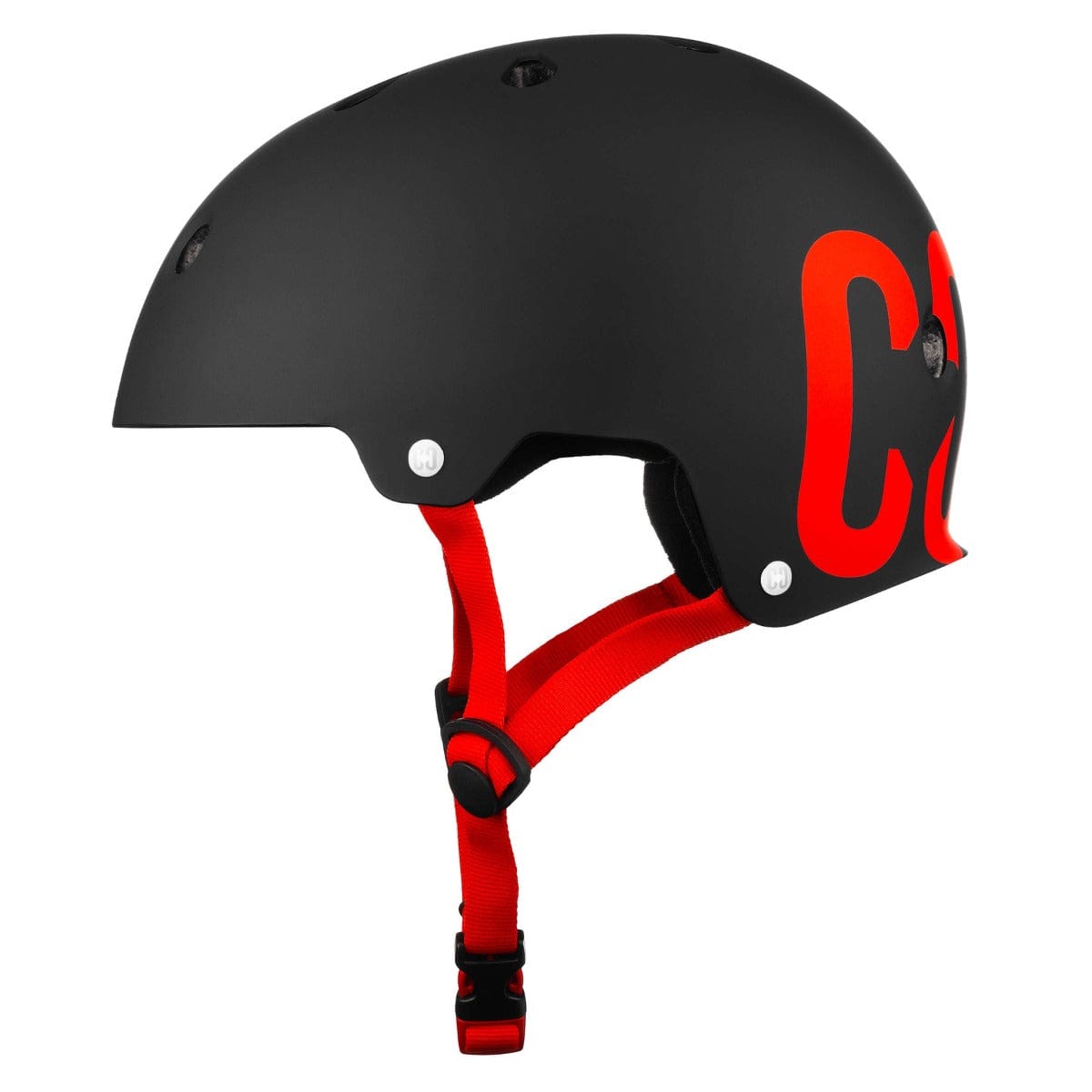 Introducing the CORE Street Skate / Scooter Helmet in Black and Red. This stylish helmet features bold red graphics on a matte black finish and is equipped with a matching red adjustable chin strap and buckle. Designed for maximum comfort, it includes CORE Lux Pads, along with strategically placed ventilation holes on the top and sides to ensure safety while biking or skateboarding.