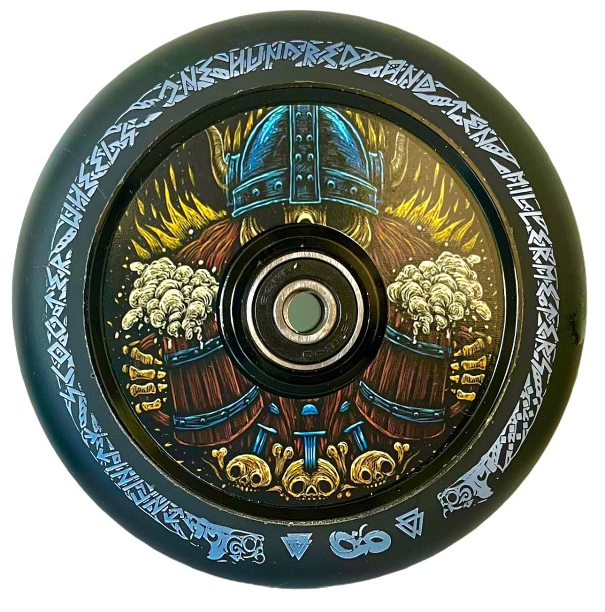The Infinity Viking 110mm Hollowcore Stunt Scooter Wheel - Mead features a striking and vibrant Infinity Hollowcore design with a colorful Viking illustration. This includes a laser-etched bearded warrior in a helmet, surrounded by Norse runes, on high rebound PU.