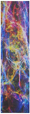 A vibrant Blunt Envy scooter griptape called "Galaxy Nebulae" showcases a cosmic veil design in shades of red, blue, yellow, and purple with durable PVC backing. A white geometric logo resembling an origami figure is centered on the griptape.