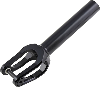 Introducing the Tilt Rigid SCS/HIC Stunt Scooter Forks in Black, known for their sleek minimalist design crafted from lightweight T6 aluminum. The cylindrical steerer tube seamlessly transitions into a two-pronged shape for effortless wheel attachment, while the smooth matte finish adds a stylish touch to your custom scooter.