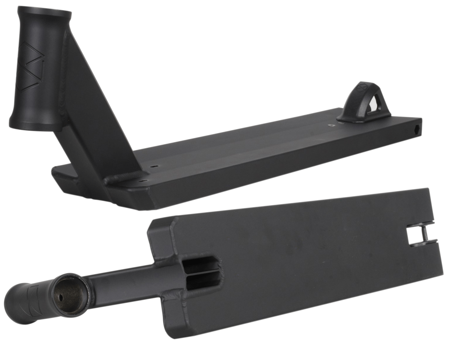 The Native Stem Black Stunt Scooter Deck, measuring 4.75" x 20.5", is ideal for younger riders and showcases a welded headtube along with a rear cutout for the wheel. Displayed from two angles, it highlights the top surface featuring the Native logo and the underside with a wheel slot and brake, making it perfect for energetic street riding.