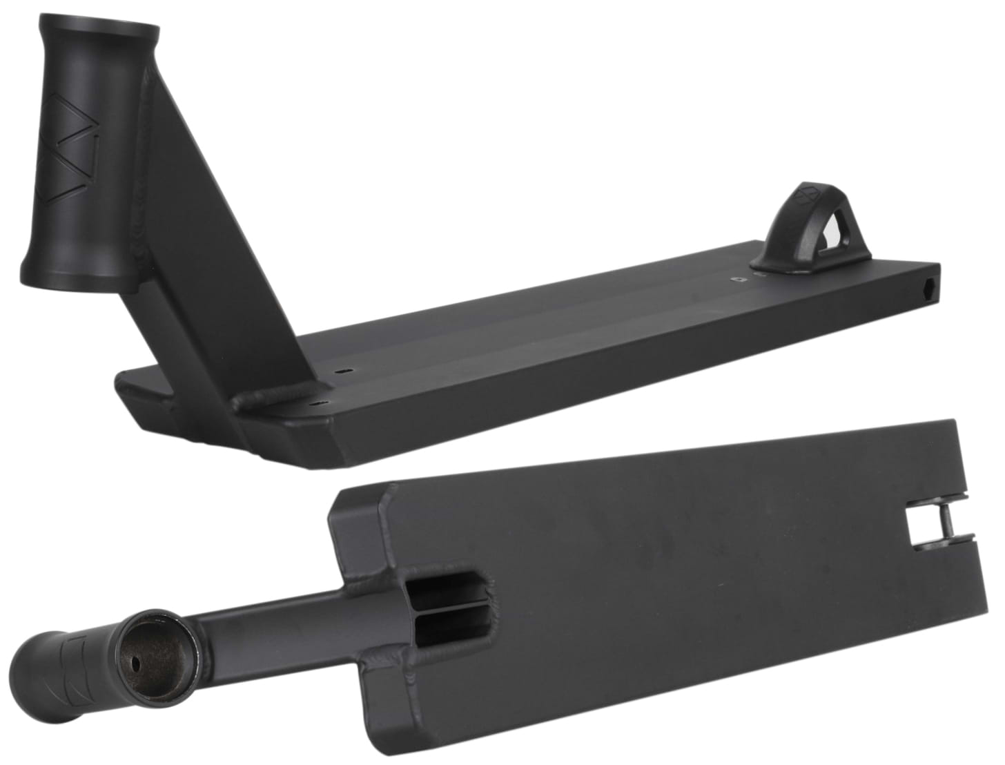 Two Native Stem Black Stunt Scooter Decks, ideal for younger riders, are featured. One deck is shown from a side angle with a cutout design and handlebar attachment, while the other displays the underside with a flat, rectangular design and wheel cutouts. Both decks are set against a white background.
