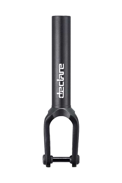 Close-up of a Blunt Envy Declare V2 SCS/HIC stunt scooter fork, featuring the brand "Blunt Envy" in white text on the tube. Made from CNC aluminium, this black fork has a sleek matte finish and two prongs at the bottom for attaching wheels and wheel spacers, complete with a bolt. The background is plain white.