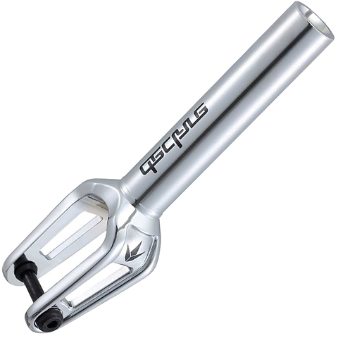 Here's a revised version of the sentence using the given product data:

Close-up of the Blunt Envy Declare V2 SCS/HIC Stunt Scooter Forks in chrome, showcasing a sleek design crafted from lightweight aluminum. This fork features a cylindrical tube and two prongs for wheel compatibility, with the Blunt Envy brand logo engraved in black on the side of the tube.