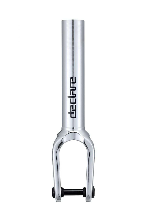 Close-up of the Blunt Envy Declare V2 SCS/HIC Stunt Scooter Fork in chrome, showcasing a lightweight aluminium design with a sleek, cylindrical structure and a black axle at the base. The tube prominently displays the Blunt Envy logo, ensuring excellent wheel compatibility against a plain white background.