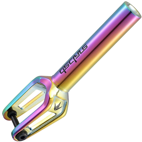 Check out the Blunt Envy Declare V2 SCS/HIC Stunt Scooter Fork with a vibrant oil slick neochrome finish that beautifully combines shades of gold, purple, and blue. Made from CNC 6063 Aluminium, it features a sleek and modern design with a visible bolt on one side and proudly displays the Blunt Envy logo on the shaft.