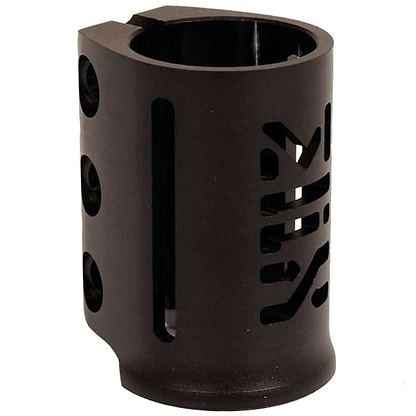 The Madd Gear (MGP) MFX X3 Cobra 3 Bolt Oversized Stunt Scooter Clamp - Black features a sleek metal design with an anodized finish. Its cylindrical shape and multiple bolt holes ensure secure fitting, while the geometric cut-out on one side adds a stylish touch.