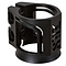 The Madd Gear MGP MFX X2 Cobra 2 Bolt Oversized Stunt Scooter Clamp in black, made from T6 aluminum alloy, features a contemporary design with cut-out patterns and two bolt holes on the side, displayed against a white background.
