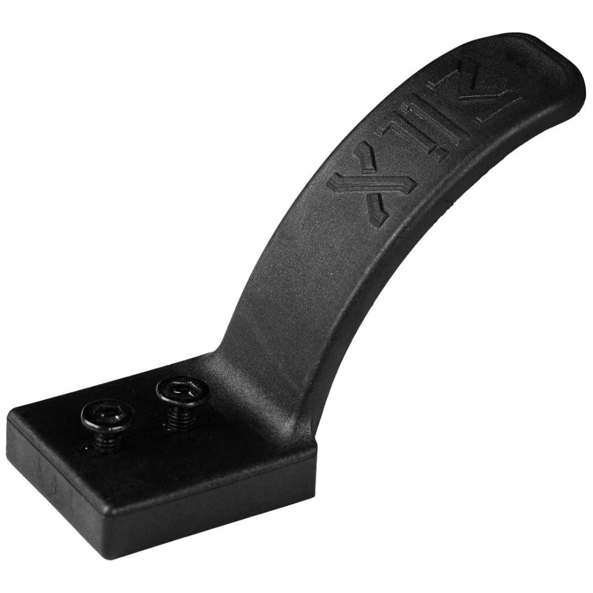 The Madd Gear (MGP) MGP MFX Nyflex V2 110mm Stunt Scooter Brake in black features a sleek curved handle and a flat base with two screws, engineered for optimal performance.