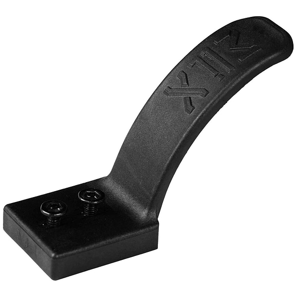 The Madd Gear (MGP) MGP MFX Nyflex V2 110mm Stunt Scooter Brake in black features a sleek curved handle and a flat base with two screws, engineered for optimal performance.