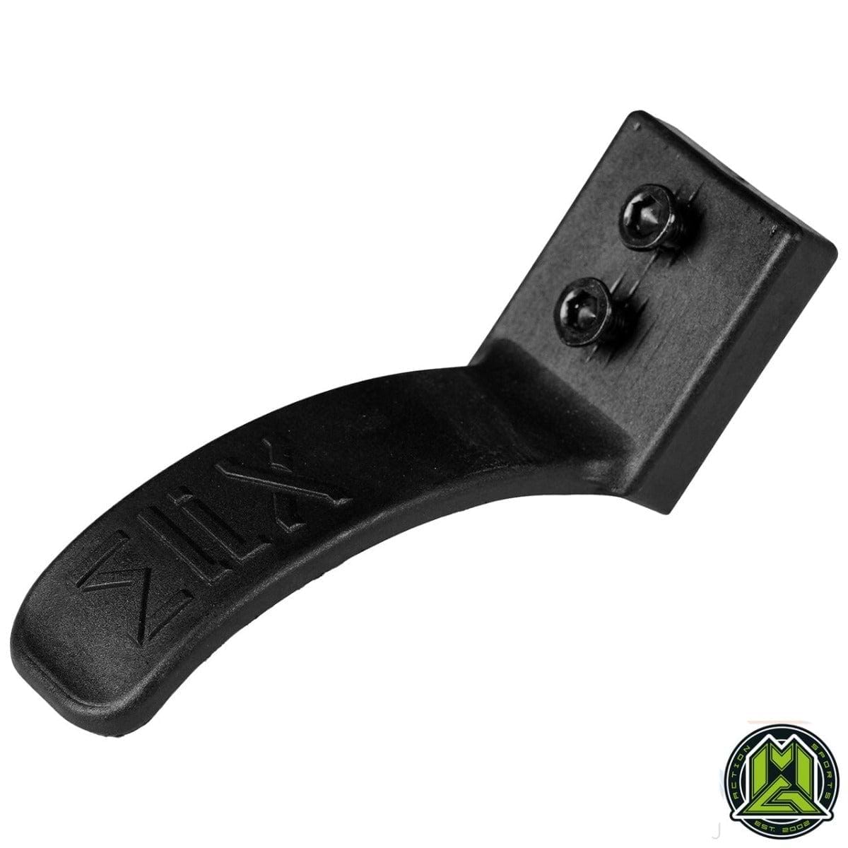 A black lever made from metal or plastic with two screws on a flat base, embossed with "SILX," gently curves and is compatible with the Madd Gear (MGP) MFX Nyflex V2 110mm Stunt Scooter Brake. In the bottom right corner, there is a logo in green and black.