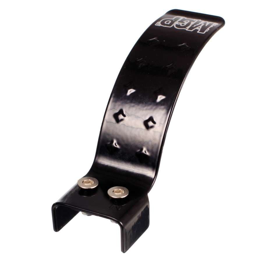 A black, curved plastic fork protector featuring a textured surface and two metal rivets at the base, designed for attaching Madd Gear MGP Flexi Dual Hole 100mm Stunt Scooter Brakes - Black to a bicycle.