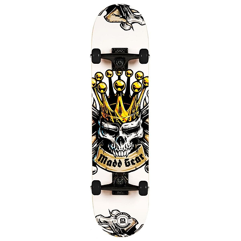The Madd Gear MGP Pro Series Kingdom Complete Skateboard boasts an 8" x 31" deck made from 9-ply maple, featuring a crowned skull graphic amidst abstract patterns. The black and white design is enhanced with gold highlights, while Carbon Steel ABEC 3 bearings provide a smooth ride bearing the brand name Madd Gear (MGP).