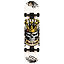 The Madd Gear MGP Pro Series Kingdom Complete Skateboard boasts an 8" x 31" deck made from 9-ply maple, featuring a crowned skull graphic amidst abstract patterns. The black and white design is enhanced with gold highlights, while Carbon Steel ABEC 3 bearings provide a smooth ride bearing the brand name Madd Gear (MGP).