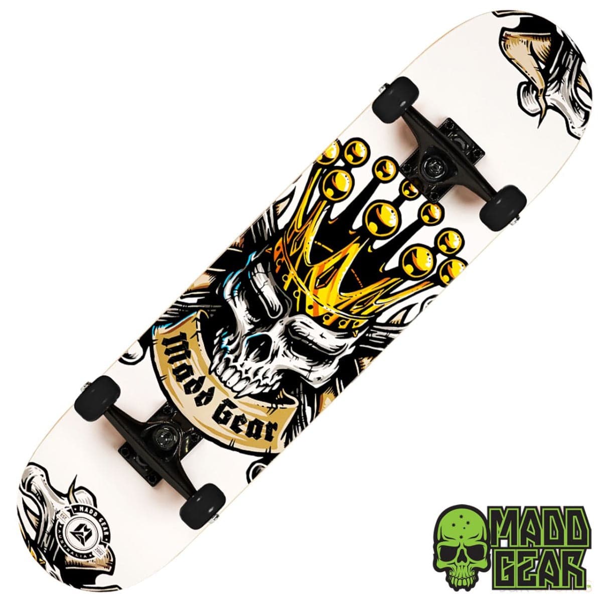 The Madd Gear MGP Pro Series Kingdom Black / White Complete Skateboard, measuring 8" x 31", showcases a graphic design of a skull wearing a crown, enclosed in chains. Its 9 Ply maple deck is emblazoned with "Madd Gear." The skateboard is equipped with black wheels and trucks that house Carbon Steel ABEC 3 bearings. The Madd Gear logo, featuring a stylized green skull, adorns the bottom right.