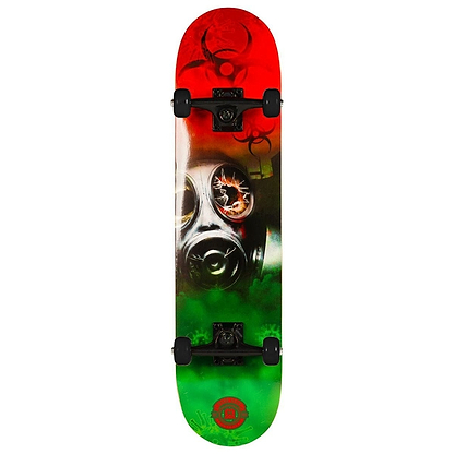 The Madd Gear MGP Pro Series Outbreak Red/Green Complete Skateboard, measuring 8" x 31", exhibits a striking design with red, green, and white hues adorned with gas mask and biohazard imagery. It features black trucks and wheels affixed to a sturdy 9-ply maple deck, providing smooth rides thanks to its Carbon Steel ABEC 3 bearings.