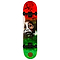 The Madd Gear MGP Pro Series Outbreak Red/Green Complete Skateboard, measuring 8" x 31", exhibits a striking design with red, green, and white hues adorned with gas mask and biohazard imagery. It features black trucks and wheels affixed to a sturdy 9-ply maple deck, providing smooth rides thanks to its Carbon Steel ABEC 3 bearings.
