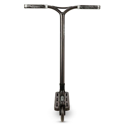 The Madd Gear MGP VX Origin II Extreme Complete Stunt Scooter in black and gray is designed with a T-shaped handlebar, a sleek aesthetic, and two wheels as seen from the front—ideal for advanced riders looking for high-quality scooter components.