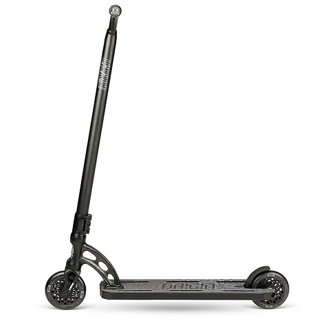 Introducing the Madd Gear MGP VX Origin II Extreme Complete Stunt Scooter in Black, a sleek ride designed for advanced riders. This high-quality scooter features a sturdy frame, two wheels, and a handlebar. Its deck offers a textured grip surface, embodying a minimalist and modern design perfect for thrill-seekers.
