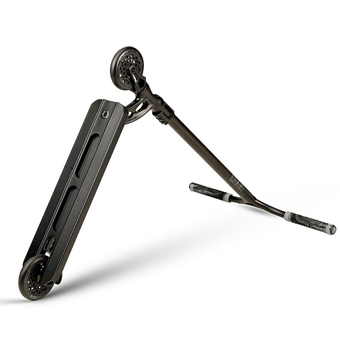 The Madd Gear (MGP) VX Origin II Extreme Complete Stunt Scooter in black is a sophisticated stunt scooter with a foldable design, perfect for advanced riders. It easily balances on its rear wheel and kickstand while the front wheel lifts off the ground. Featuring textured grip handlebars and premium components, it has a sleek and modern minimalistic frame.