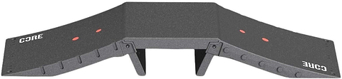 The CORE Mini Funbox Ramp Set - 2 Kickers & Flat Deck is a black plastic ramp by CORE, featuring two sloped sides, "CORE" in white on both ends, red dots, support legs under the platform, and a modular design.