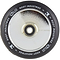 A close-up of the Root Industries AIR Hollowcore 110mm Stunt Scooter Wheel from Root Industries shows off its striking mirror chrome silver core. The wheel's black tire is adorned with white branding text along the edge, and a central bearing facilitates easy attachment.