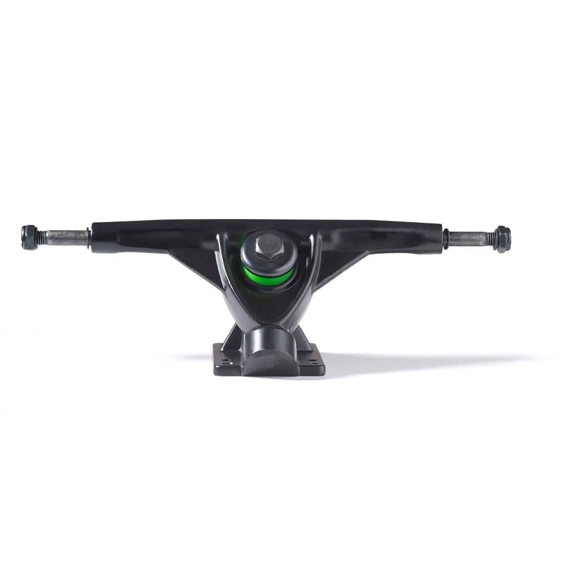 A sleek Mindless RK Black Longboard Truck featuring a green bushing is positioned against a plain white background, showcasing its minimalist design and its Reverse Kingpin setup, ideal for carving.