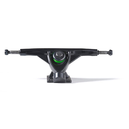 A sleek Mindless RK Black Longboard Truck featuring a green bushing is positioned against a plain white background, showcasing its minimalist design and its Reverse Kingpin setup, ideal for carving.