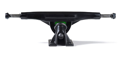 The Mindless RK Black Longboard Trucks (Pair) - 177mm, from the Mindless brand, showcase a sleek black design with visible metal axles and a vibrant green bushing, making them perfect for carving. Set against a plain white background, these trucks also feature a reverse kingpin to improve maneuverability.